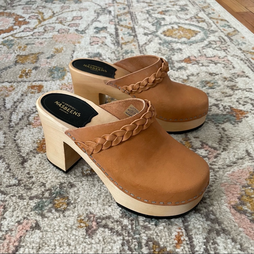 Swedish Hasbeens Laila tan leather braided platform clog